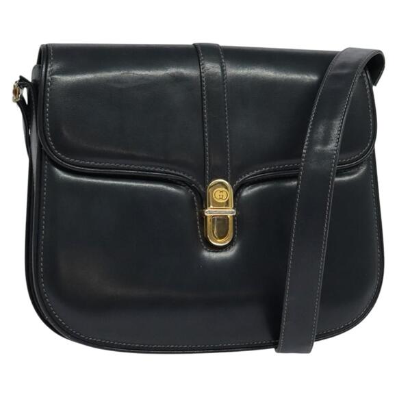 GUCCI Shoulder Bag Leather Navy Gold - Picture 1 of 16